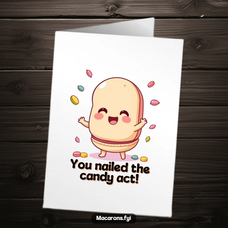 Funny Free Printable Congratulations Card: A gleeful macaron expertly juggling candy pieces, celebrating success.