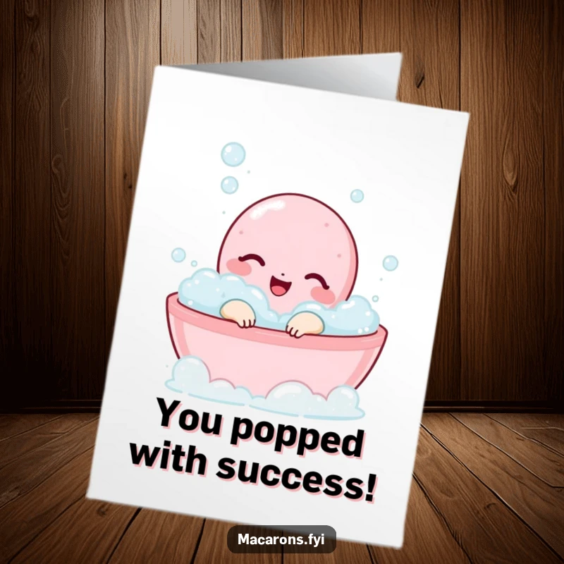 Funny Free Printable Congratulations Card featuring a macaron character joyfully soaking in a bubble bath, radiating pure happiness and contentment.