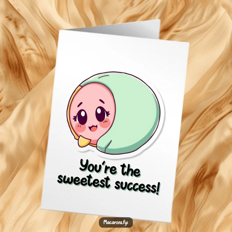 Funny Free Printable Congratulations Card: A macaron character in a mid-air tumble, eyes wide with surprised, pure delight.