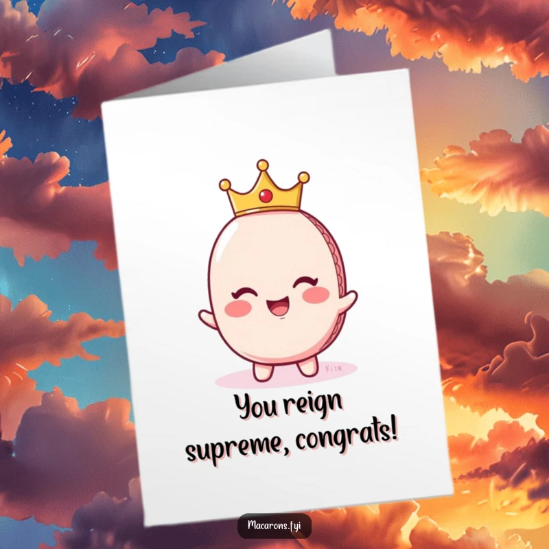 Funny Free Printable Congratulations Card showing a giggling macaron in a crown, looking regal and celebrating a magnificent achievement.