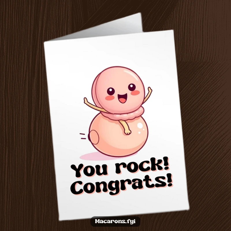 Funny Free Printable Congratulations Card showing a peppy macaron character energetically bouncing on a ball, celebrating a win with enthusiasm.