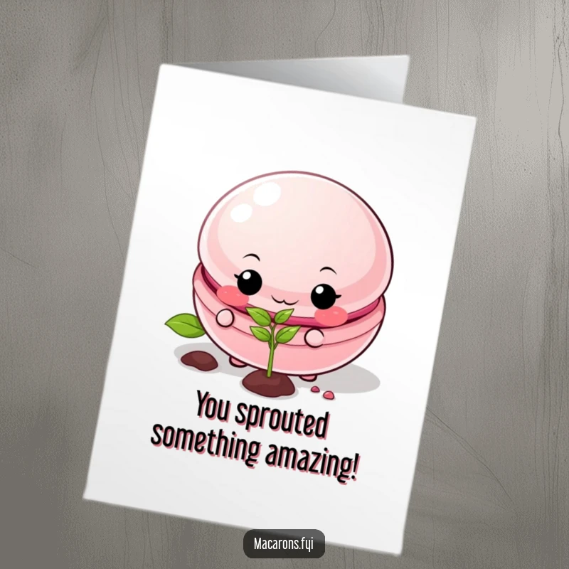 Free Printable Congratulations Card: Mischievous macaron character planting a tiny seed, symbolizing new beginnings and success.
