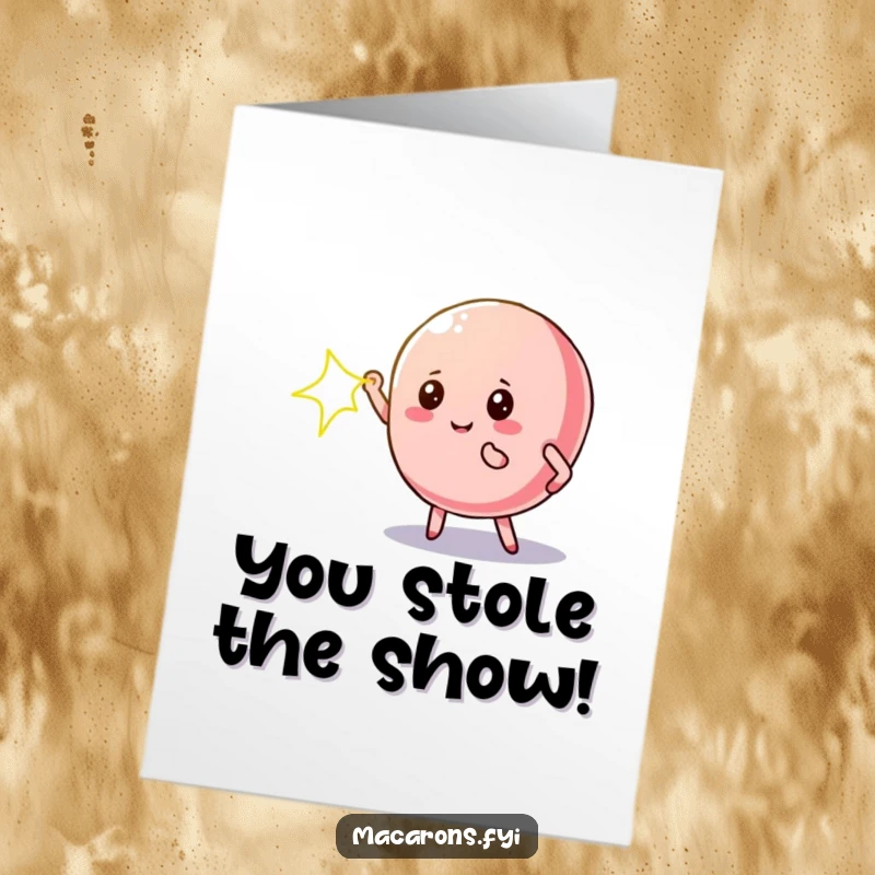 Free Printable Congratulations Card: Macaron character in a dramatic pose, illuminated by a spotlight, celebrating a star achievement.