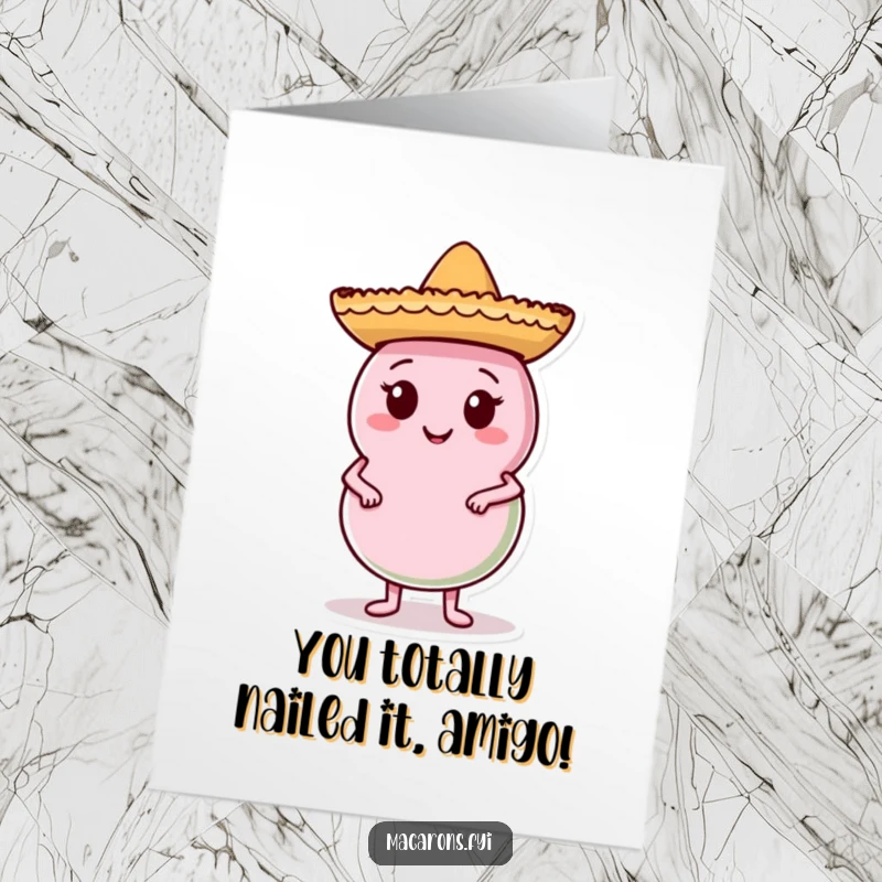 Funny Free Printable Congrats Card: Macaron character wearing a sombrero, striking a proud and celebratory pose.