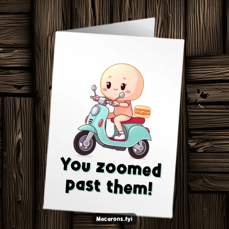 Funny Free Printable Congratulations Card: Macaron character triumphantly zooming on a tiny scooter, celebrating success.
