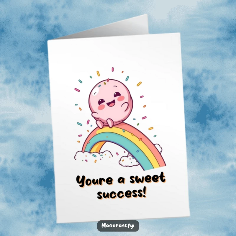 Funny free printable congratulations card showing a macaron character sliding gleefully down a rainbow into a cloud of sprinkles.