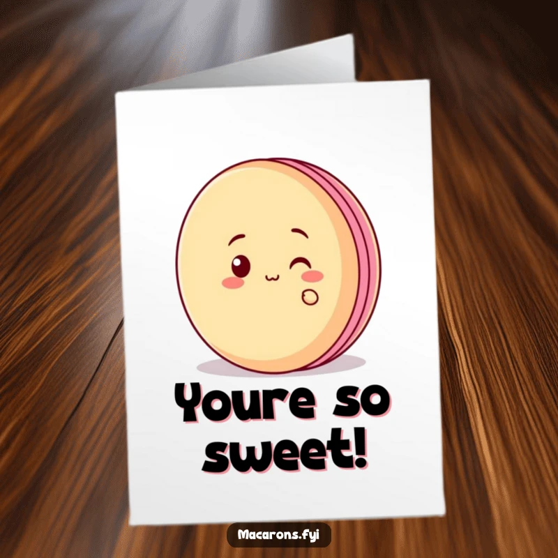 Funny Free Printable Congratulations Card featuring a macaron character peeking with a grin from behind a large macaron.