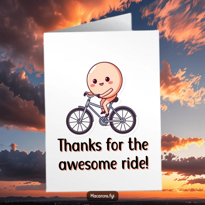 Funny free printable thank you card: determined macaron character happily pedaling a tiny bicycle, expressing thanks.