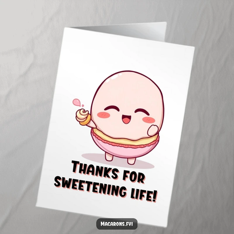 Funny Free Printable Thank You Card: Macaron character giggling hysterically while a tiny frosting swirl tickles it.