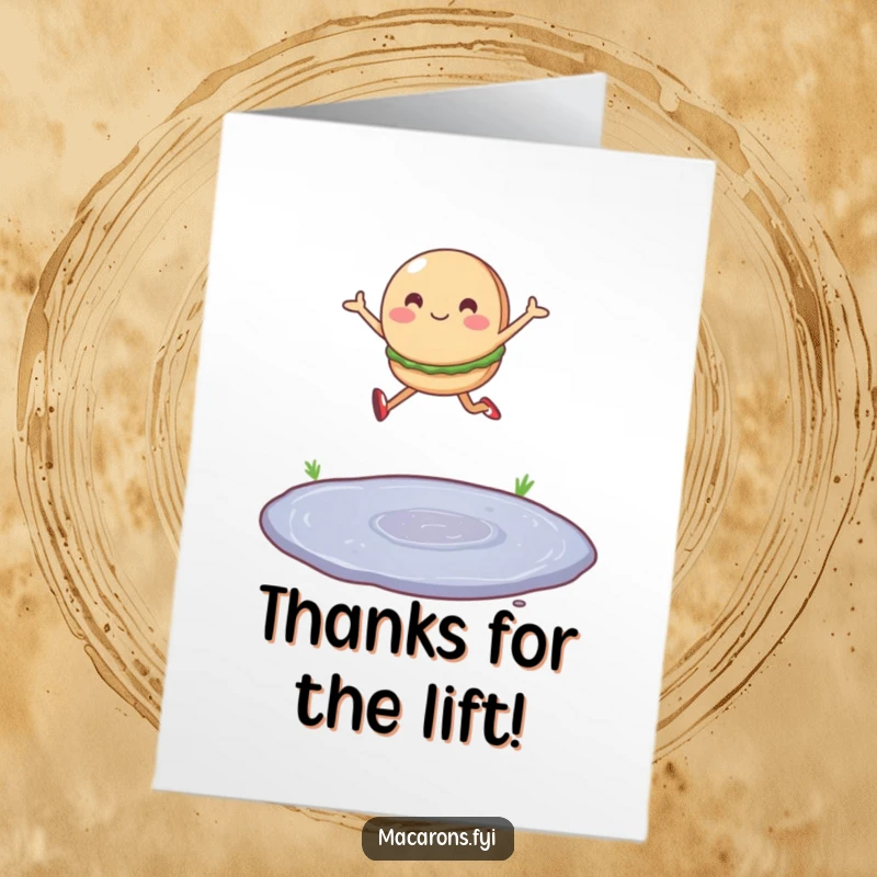 Funny Free Printable Thank You Card: A cheerful macaron character leaping joyfully over a tiny water puddle.