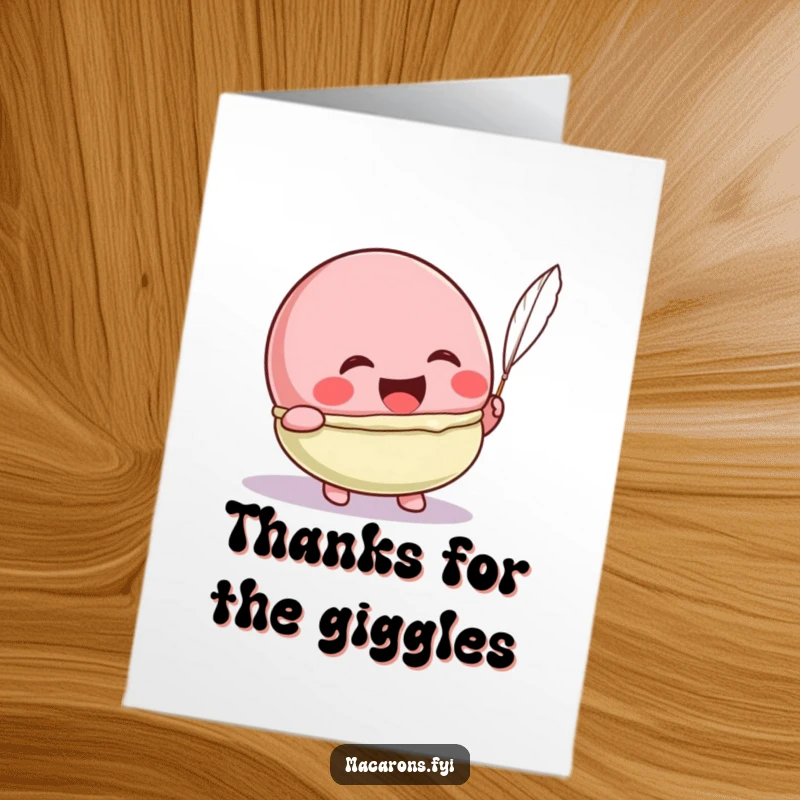 Funny Free Printable Kawaii Macaron Thank You Card: Macaron character laughs heartily while being tickled, a delightful downloadable art for thanks.