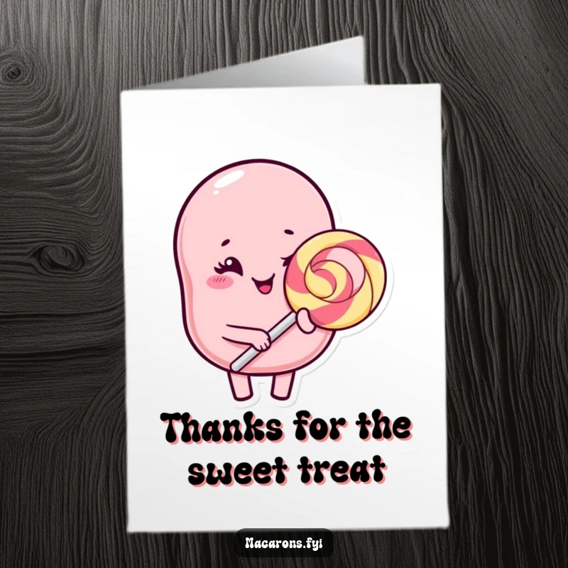 Funny Free Printable Kawaii Macaron Thank You Card: Winking macaron character holds a giant lollipop, symbolising sweet gratitude downloadable art.