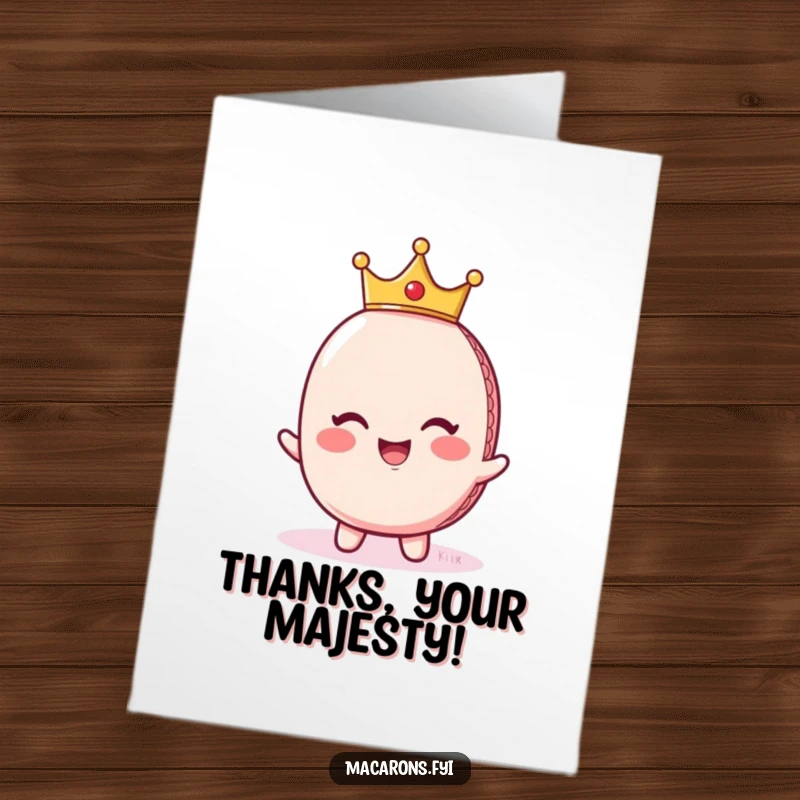 Funny Free Printable Thank You Card featuring a giggling macaron wearing a tiny crown, offering thanks with majestic grace.