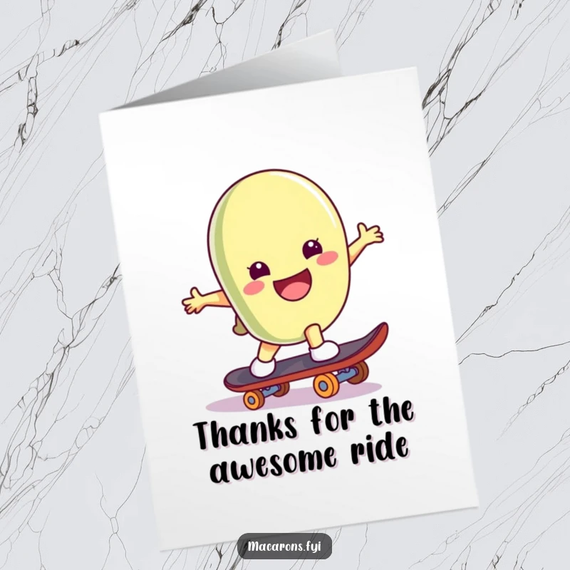 Funny Free Printable Thank You Card: A smiling macaron character does a playful skateboard trick, delivering thanks with a cool and energetic ride.