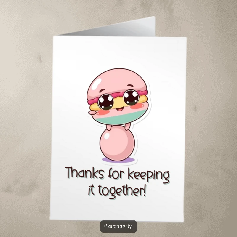 Funny Free Printable Thank You Card: A sweet macaron character with large eyes attempting to balance on a small sphere.