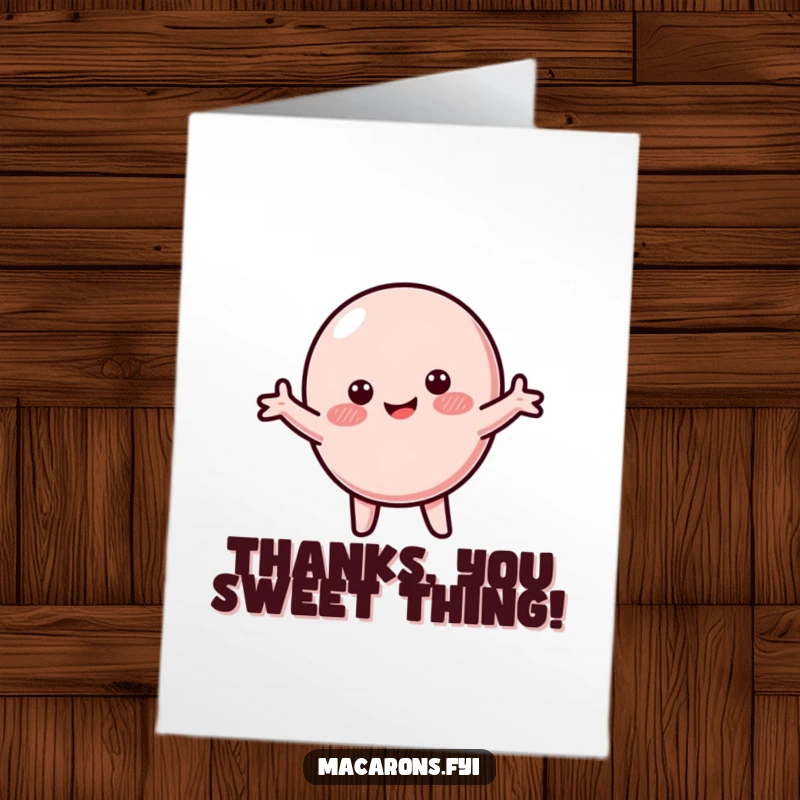 Funny free printable thank you card of a macaron character with a happy blush, spinning excitedly with arms wide.