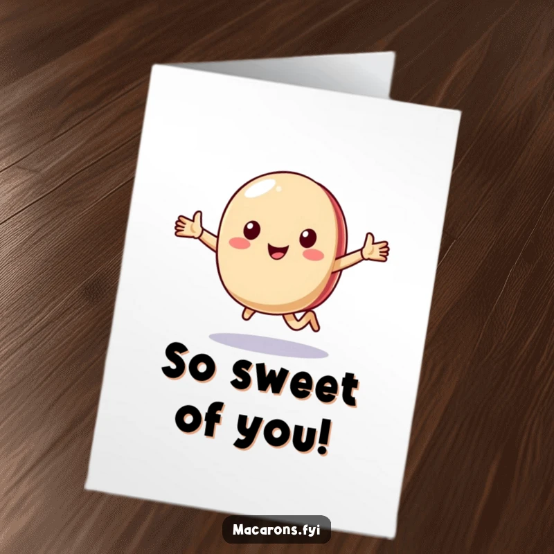 Funny Free Printable Thank You Card: A happy macaron character running enthusiastically forward, arms outstretched, conveying quick thanks.