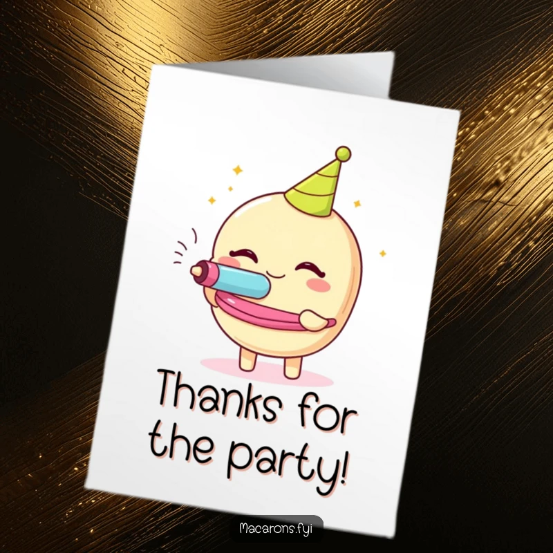 Funny Free Printable Thank You Card of a macaron character happily blowing a party blower, conveying thanks with glee.