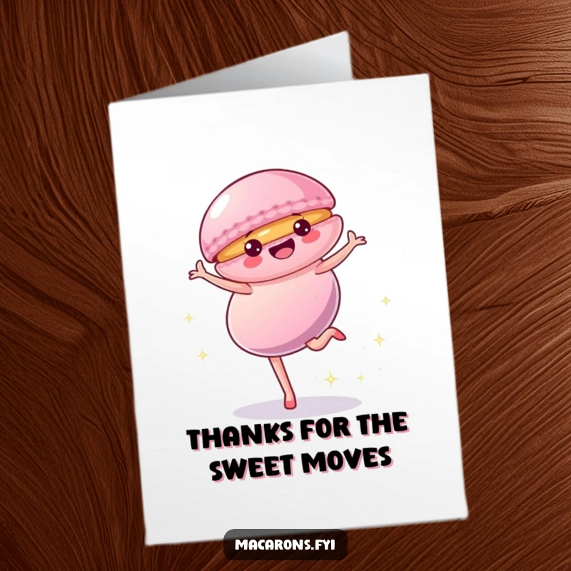 Funny Free Printable Thank You Card: A vibrant macaron performing a cartwheel with trailing sparkles, expressing thanks.