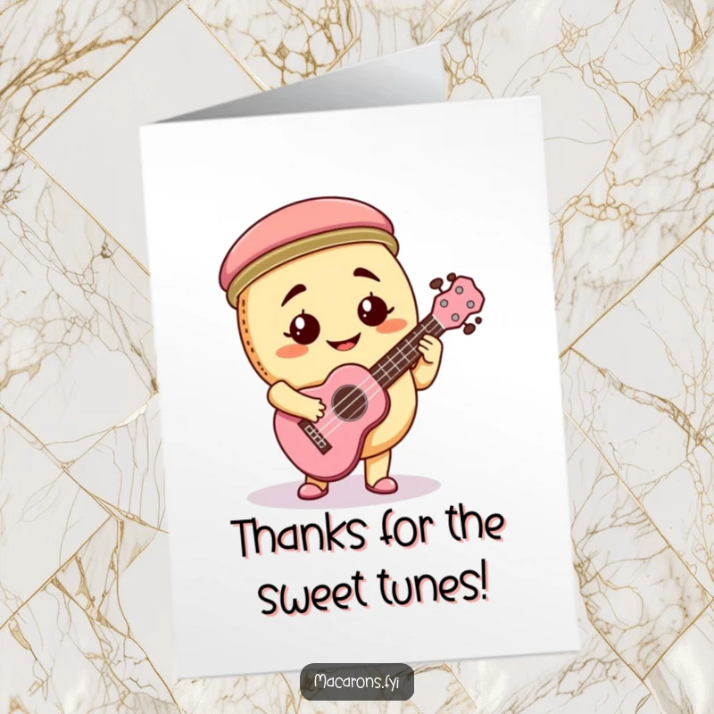 Funny Free Printable Thank You Card: Goofy macaron character playing a tiny ukulele with enthusiasm, expressing thanks.
