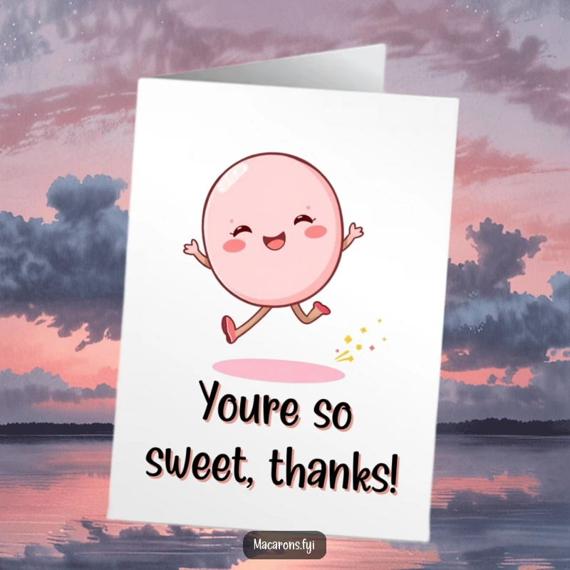 Funny Free Printable Thank You Card: Macaron character skipping with joy, leaving shimmering dust, conveying thanks.