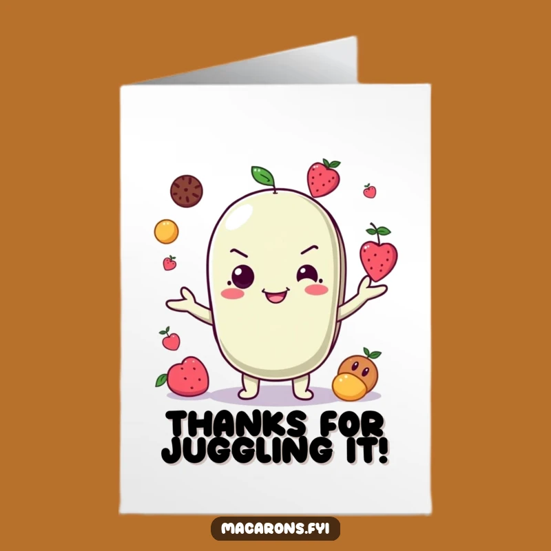 Free Printable Thank You Card: Juggling Macaron Fruits Funny Downloadable Gift