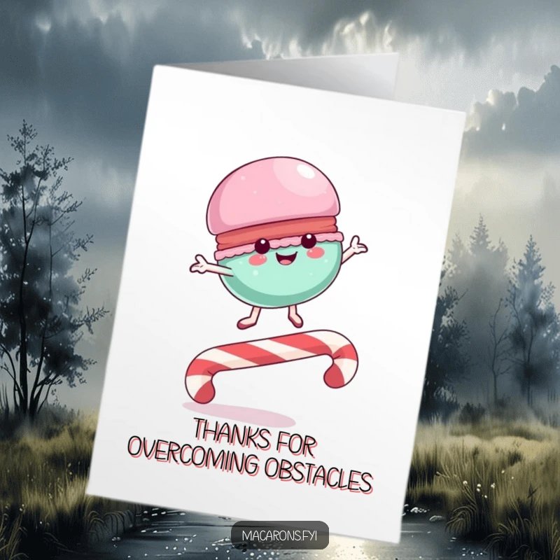 Funny Free Printable Thank You Card: A macaron joyfully leaping over a candy cane, expressing thanks.