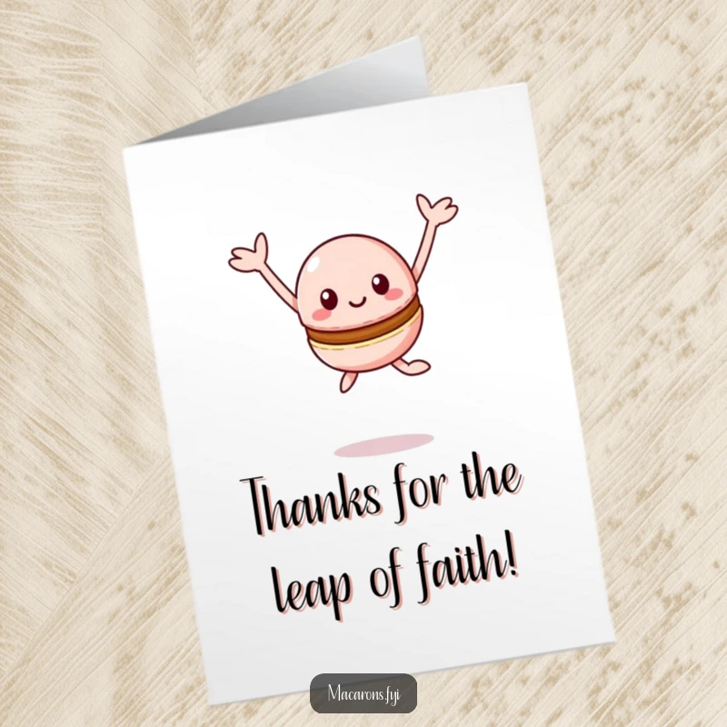 Funny Free Printable Thank You Card of a kawaii macaron character leaping happily into the air with arms outstretched in thanks.