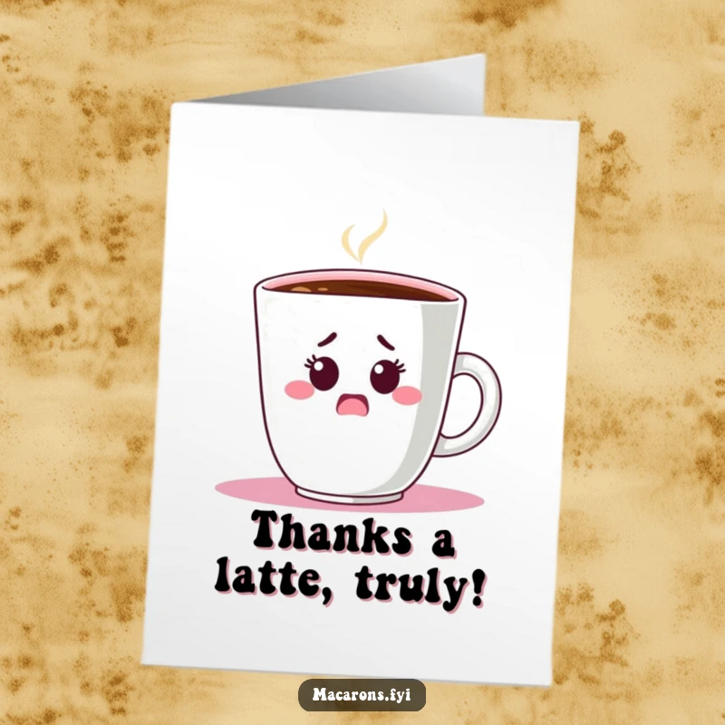 Funny Free Printable Thank You Card: A macaron character looking utterly shocked while hiding behind a gigantic coffee cup.