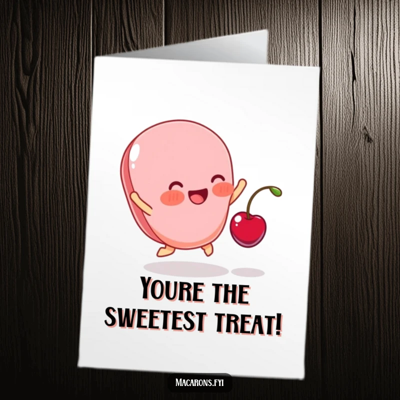 Funny Free Printable Thank You Card of a blushing macaron leaping for a cherry, a charming downloadable art piece for gratitude.