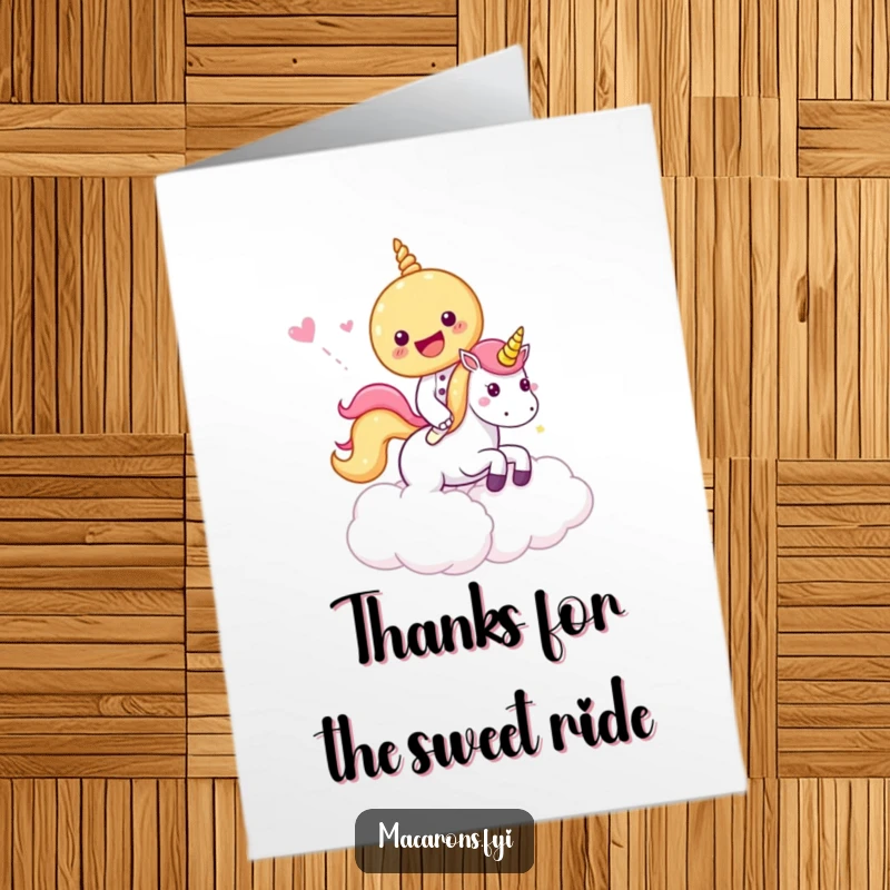 Funny Free Printable Thank You Card: A macaron excitedly rides a unicorn through a candy cloud, sending thanks.
