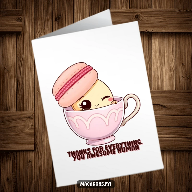 Funny Free Printable Thank You Card: A macaron peeking from behind a giant teacup, offering a sly wink of appreciation.