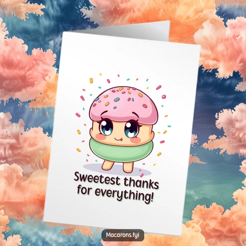 Funny Free Printable Thank You Card: Delighted macaron character showered in confetti, expressing sincere thanks. A downloadable gesture.
