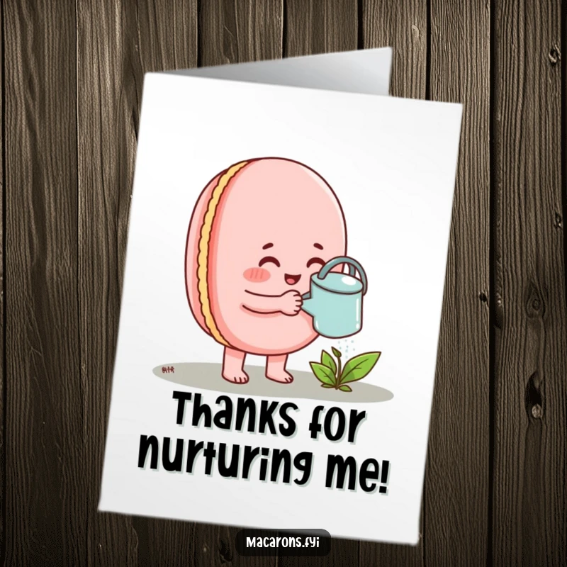 Funny Free Printable Macaron Thank You Card: A macaron character is enthusiastically watering a small sprout with a tiny watering can.