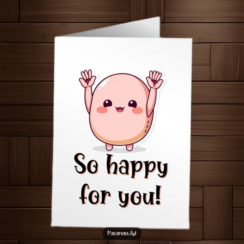 Funny Free Printable Thank You Card: Macaron character cheering with gusto, tiny hands raised high in joyful thanks.