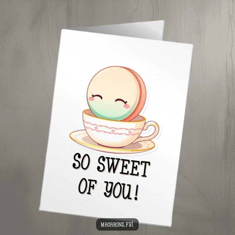 Funny Free Printable Macaron Thank You Card: A relaxed macaron is floating peacefully on a teacup with its eyes closed.