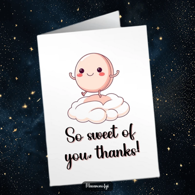 Free Printable Thank You Card: A happy macaron with legs joyfully bouncing on a cream cloud, a sweet downloadable gift.