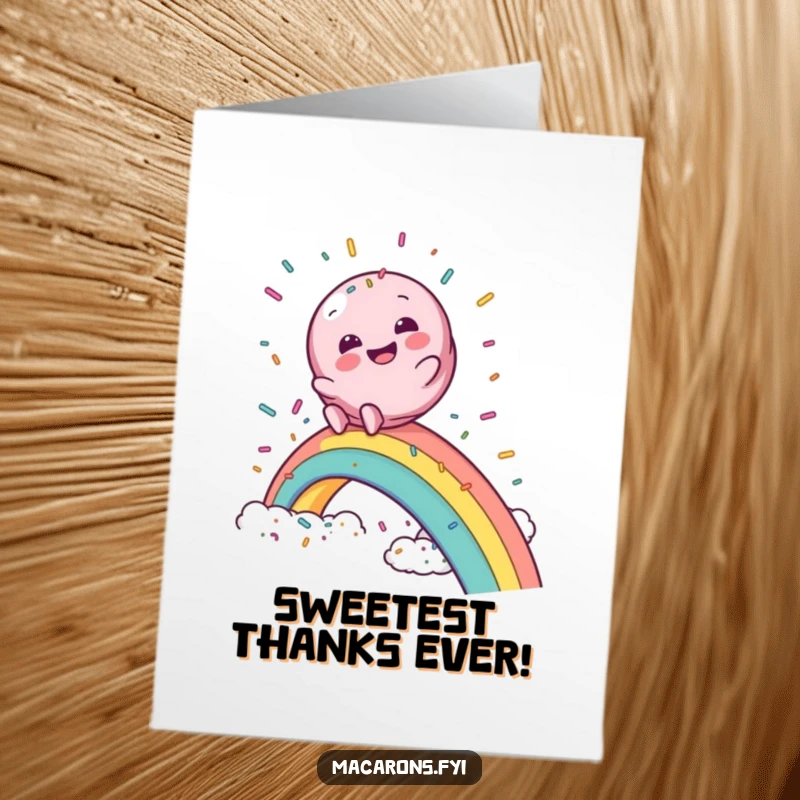 Funny free printable thank you card of a macaron character sliding down a rainbow into a cloud of sprinkles with glee.