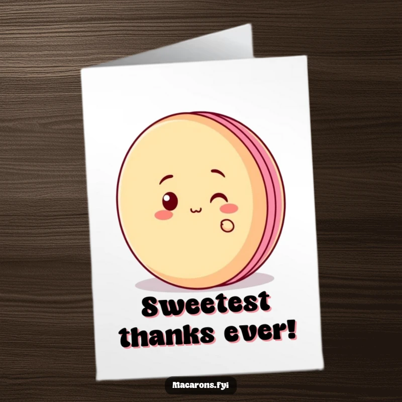 Funny Free Printable Thank You Card with a macaron character peeking out with a mischievous smile behind a big macaron.