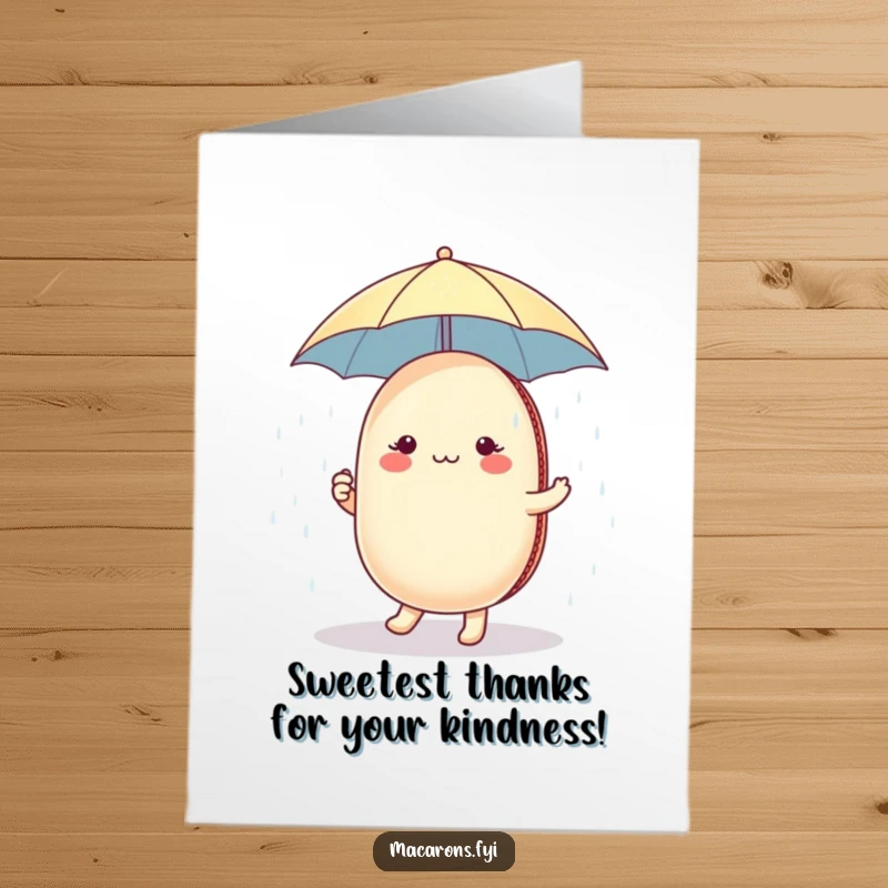 Funny Free Printable Thank You Card: Cute macaron with umbrella dancing happily in a sugar shower, expressing thanks. A downloadable treat.