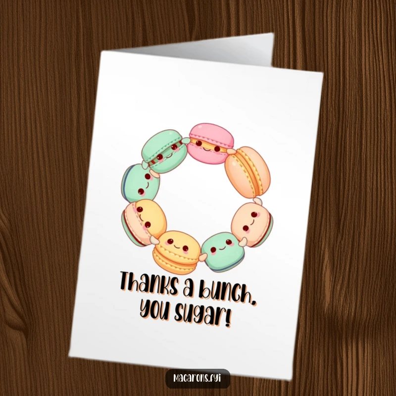 Funny Free Printable Thank You Card: A group of happy macarons joyfully spinning in a circle, saying thanks.