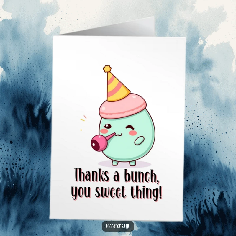Funny Free Printable Thank You Card: A macaron in a party hat comically blowing a tiny party blower, expressing thanks.
