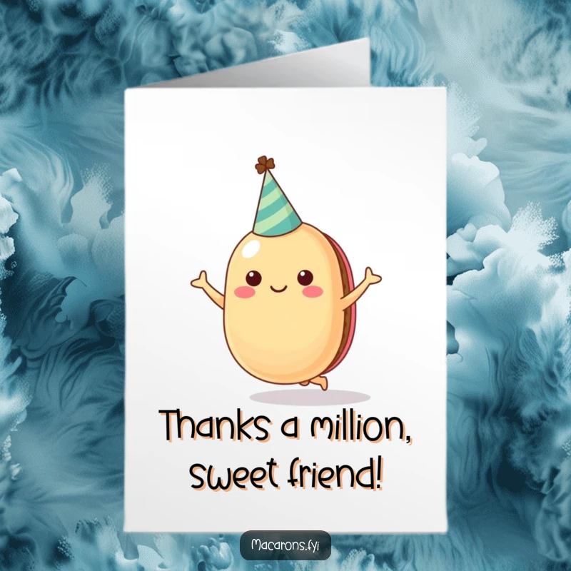 Funny Free Printable Thank You Card featuring an energetic macaron doing a happy jump, expressing thanks with style.