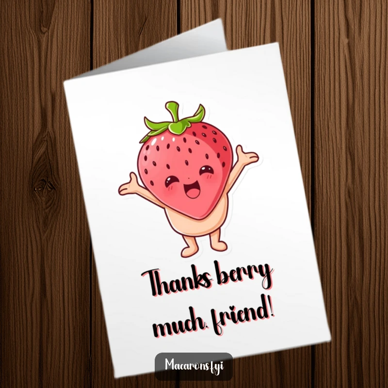 Free Printable Thank You Card: A macaron character joyfully hugging a giant strawberry with arms wide open, a sweet downloadable gift.
