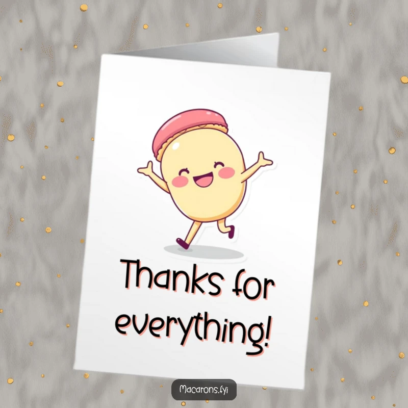 Funny Free Printable Thank You Card: A macaron character performing a cartwheel with a bright, happy grin, conveying thanks dynamically.