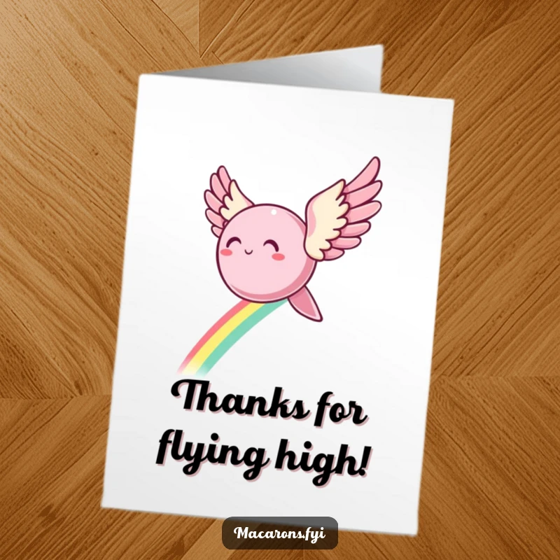 Funny Free Printable Thank You Card: A macaron angel with wings outstretched, gliding through the sky leaving a colorful rainbow path.