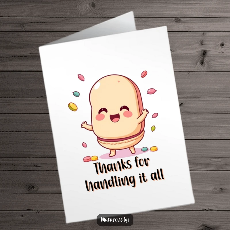 Funny Free Printable Thank You Card: A macaron charmer juggling candy with a pleased look, saying thanks.