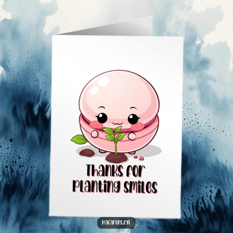 Funny Free Printable Thank You Card: Mischievous macaron character planting a small seed, a humorous way to show gratitude.