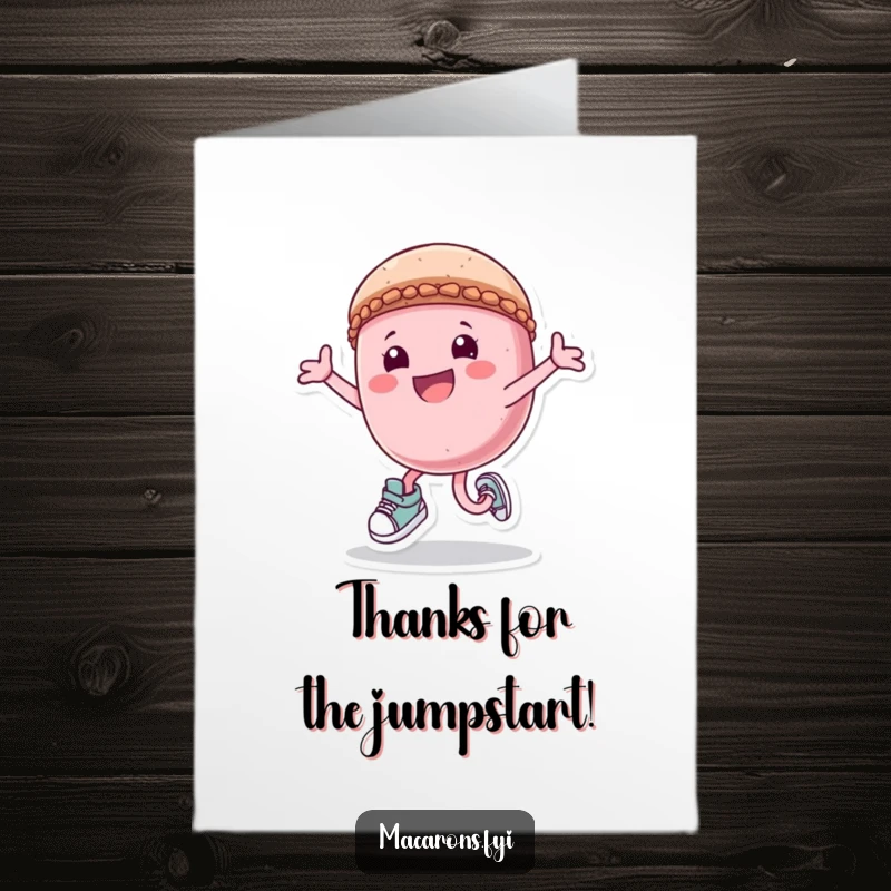 Funny Free Printable Thank You Card of a macaron character in sneakers, leaping with pure joy to express thanks.