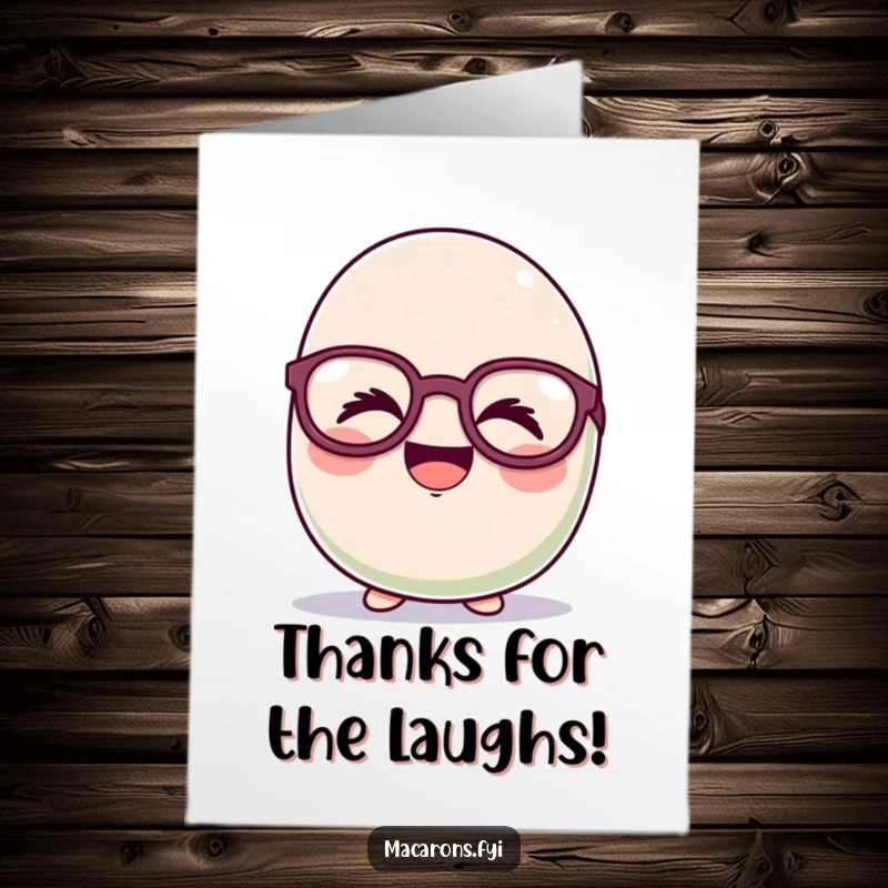 Funny Free Printable Thank You Card: Cheerful macaron character in large, funny glasses, giggling with gratitude.